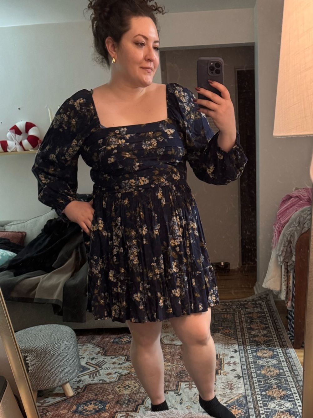 Arula Navy Floral Square-Neck Mini Dress